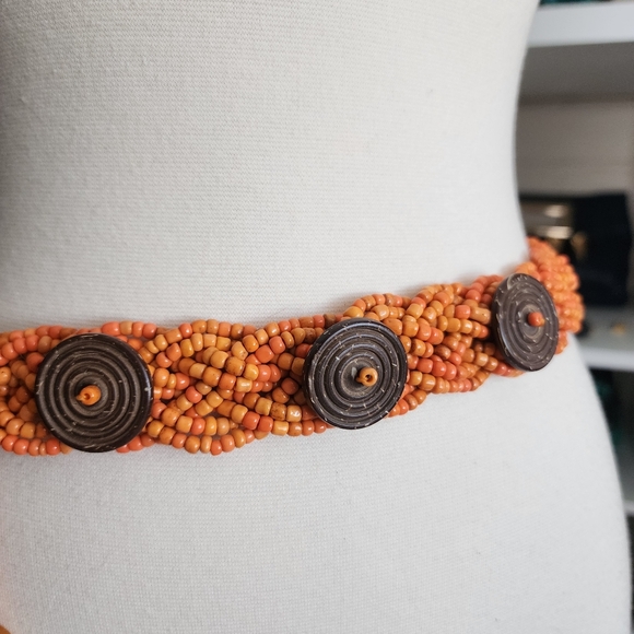 Boho Beaded Belt in Orange with Coconut Button Closures And Acrylic Bead Accents - Picture 7 of 9